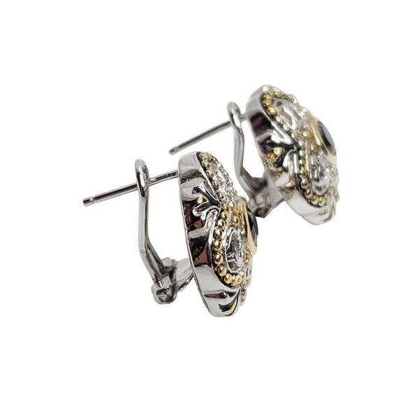 Sterling Silver Floral Filigree Ornate Earrings Black Gem Cut Stone Goldtone - Picture 5 of 6